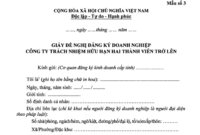 Mẫu giấy đề nghị đăng ký doanh nghiệp Công ty trách nhiệm hữu hạn hai thành viên trở lên theo Thông tư 68 2025 TT BTC có dạng ra sao?