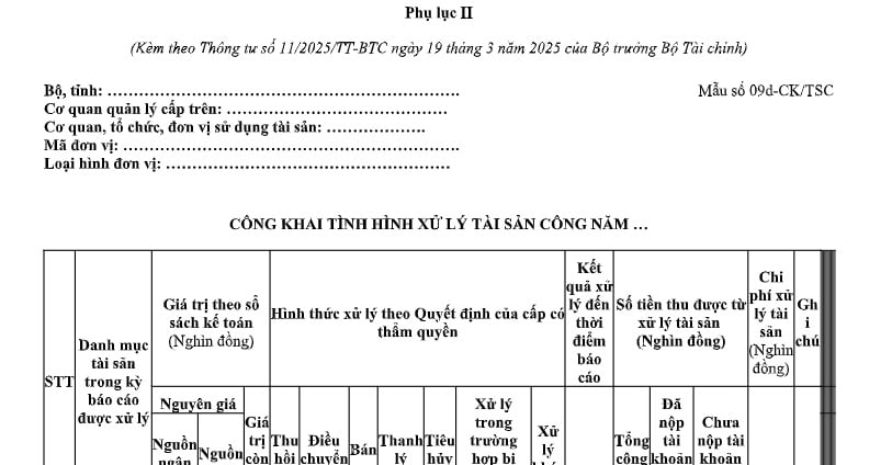 Tải Mẫu số 09d CK TSC về công khai tình hình xử lý tài sản công theo Thông tư 11 từ 19/03/2025?