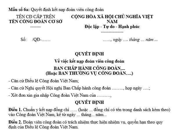Tải mẫu Quyết định kết nạp đoàn viên công đoàn theo Hướng dẫn 38 mới nhất năm 2025?
