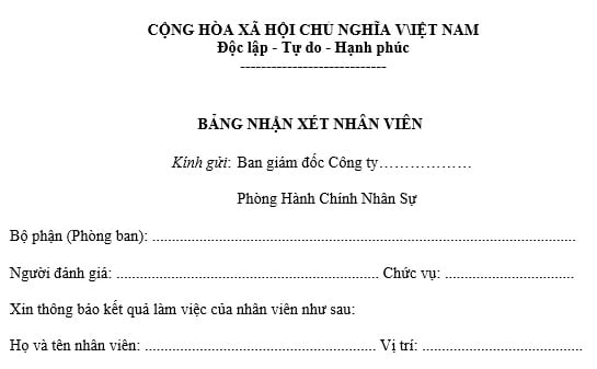 Tải mẫu Bảng nhận xét đánh giá nhân viên chuẩn 2025 về file word?