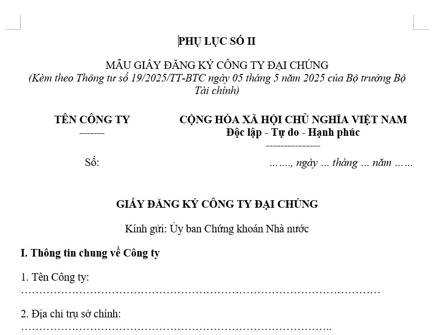 Mẫu giấy đăng ký công ty đại chúng theo Thông tư 19 có dạng như thế nào?