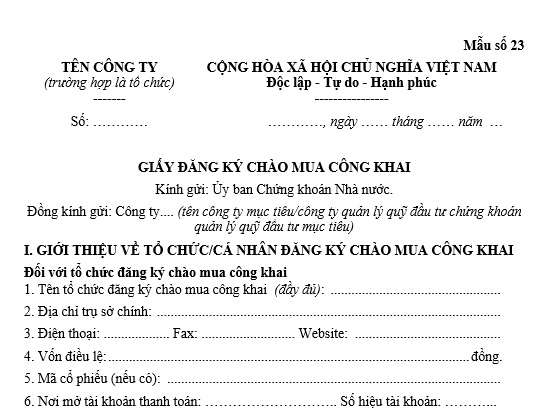 Mẫu giấy đăng ký chào mua công khai cổ phiếu, chứng chỉ quỹ đóng áp dụng từ 11/09/2025 là mẫu nào?