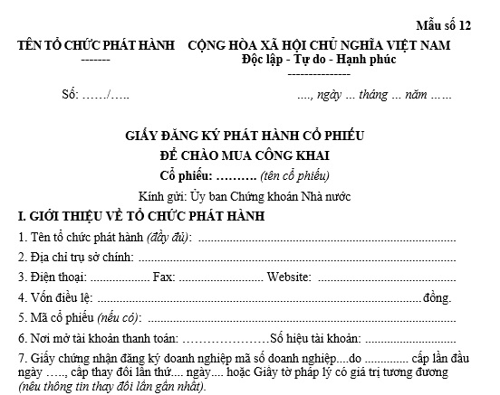 Mẫu giấy đăng ký phát hành cổ phiếu để chào mua công khai áp dụng từ 11/09/2025 là mẫu nào?