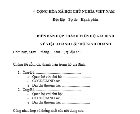 Mẫu Biên bản họp thành viên hộ gia đình về việc thành lập hộ kinh doanh mới nhất 2025?
