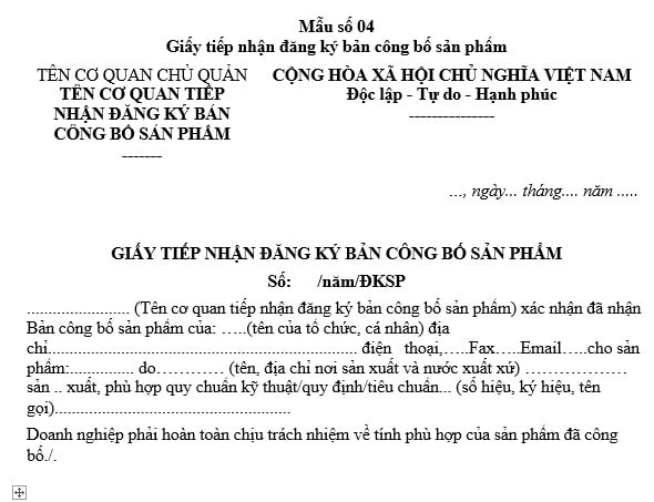Mẫu giấy tiếp nhận đăng ký bản công bố sản phẩm mới nhất theo Nghị định 148 là mẫu nào?