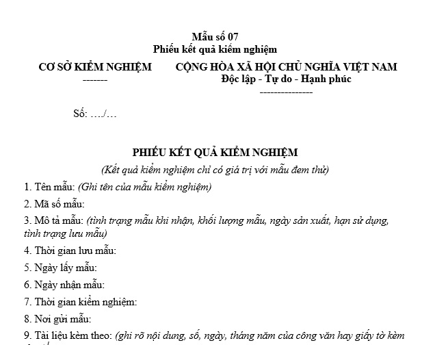 Mẫu phiếu kết quả kiểm nghiệm của mẫu đem thử theo Nghị định 148 là mẫu nào?