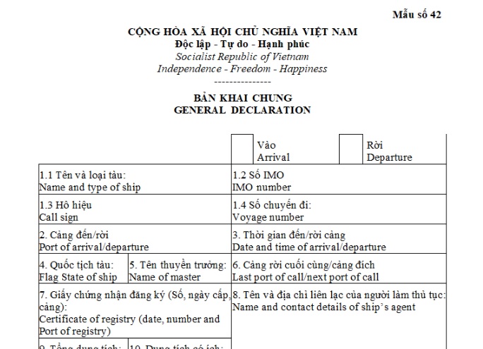 Mẫu bản khai chung trong hoạt động hàng hải là mẫu nào?