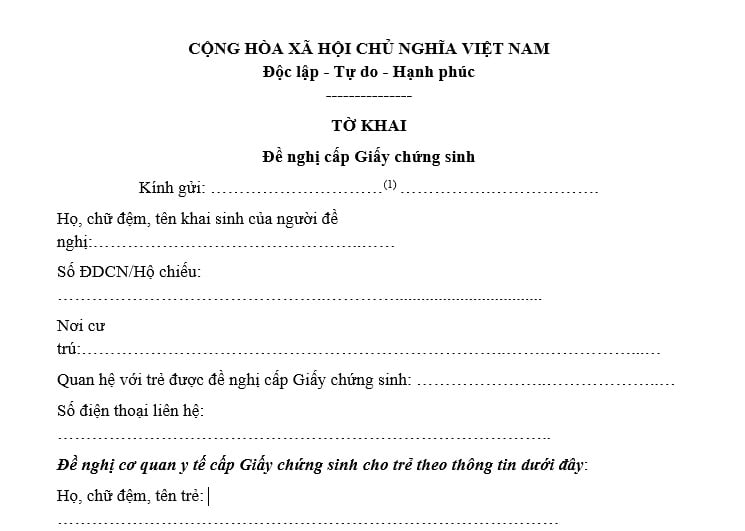 Mẫu tờ khai đề nghị cấp Giấy chứng sinh năm 2025 theo Thông tư 22 áp dụng từ 01/10/2025 có dạng ra sao?