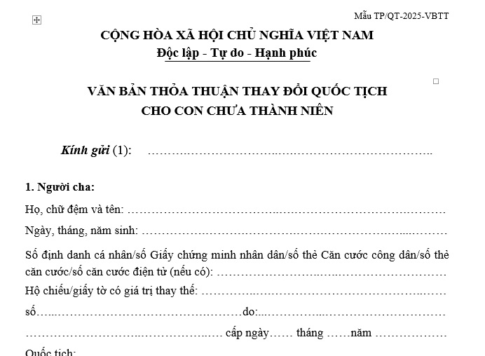 Mẫu văn bản thỏa thuận thay đổi quốc tịch cho con chưa thành niên Mẫu TP QT 2025 VBTT theo Thông tư 12 có dạng ra sao?