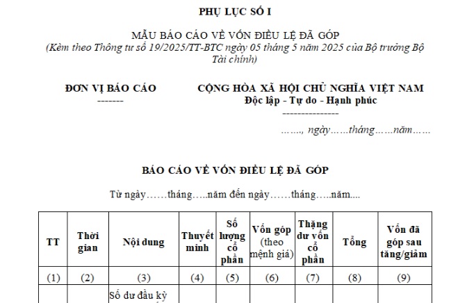 Mẫu báo cáo về vốn điều lệ đã góp đối với đăng ký công ty đại chúng là mẫu nào?