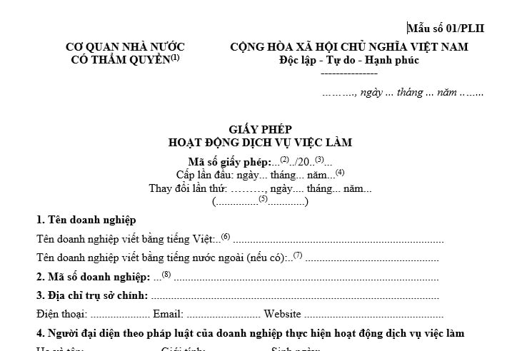 Mẫu giấy phép hoạt động dịch vụ việc làm mới nhất là mẫu nào?
