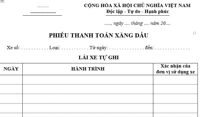 Mẫu phiếu thanh toán xăng dầu mới nhất là mẫu nào?