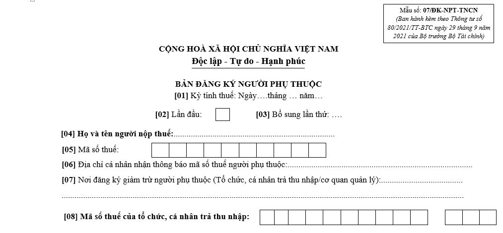 Mẫu đăng ký người phụ thuộc