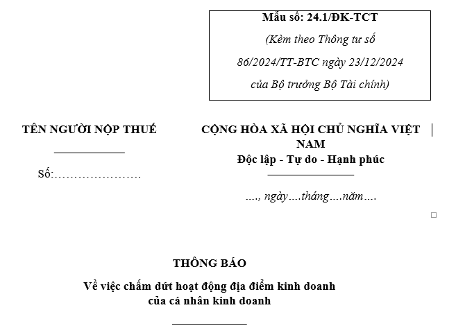 Mẫu thông báo chấm dứt hoạt động địa điểm kinh doanh của cá nhân kinh doanh