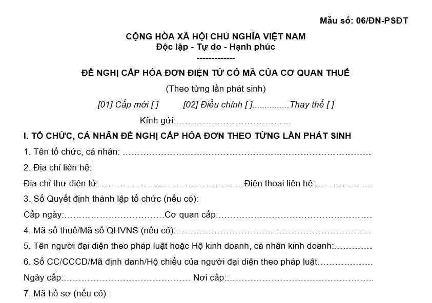 Đơn đề nghị cấp hóa đơn điện tử có mã của cơ quan thuế theo từng lần phát sinh 