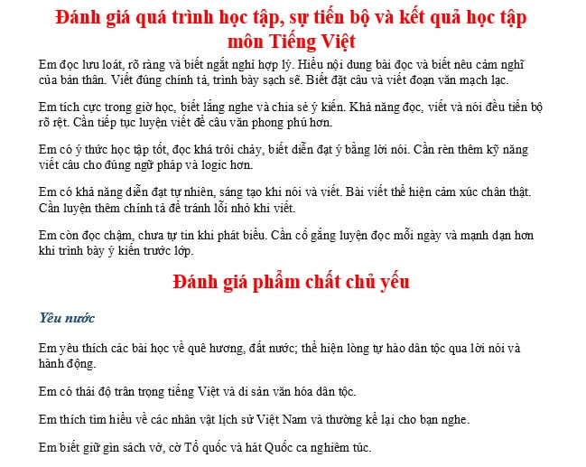 Mẫu nhận xét môn tiếng việt lớp 3 năm học 2025 2026 theo Thông tư 27