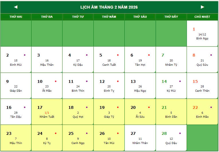 Tết âm lịch 2026 là ngày mấy dương lịch?