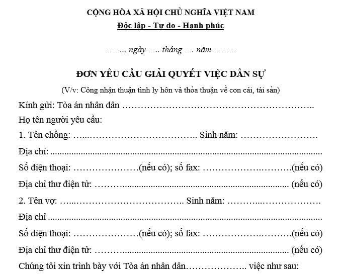 Mẫu đơn thuận tình ly hôn