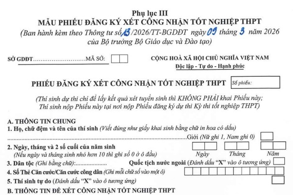 Tải Mẫu phiếu đăng ký xét công nhận tốt nghiệp THPT 2026 ở đâu?