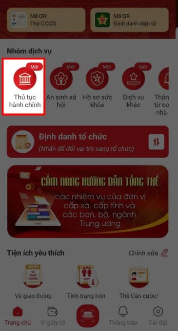 Nhấn chọn vào mục Thủ tục hành chính