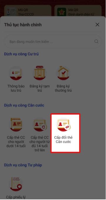 Tại dịch vụ công Căn cước thì nhấn chọn tiếp vào mục Cấp đổi thẻ Căn cước