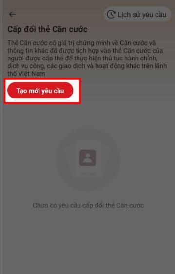 Tại mục Cấp đổi thẻ Căn cước nhấn chọn vào Tạo mới yêu cầu.