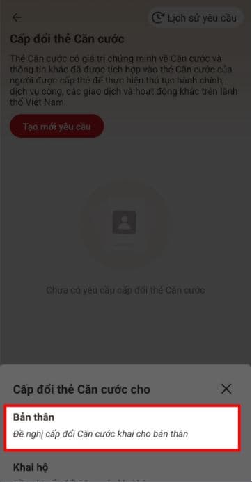 Tiếp theo chọn vào Bản thân (nếu đề nghị cấp đổi hộ thì chọn vào Khai hộ)
