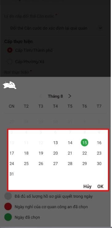 Ngày hẹn đến làm việc (người có yêu cầu cấp đổi thẻ Căn cước cần tránh các ngày nghỉ và ngày đã đủ hồ sơ hẹn lịch mà hệ thống hiển thị)