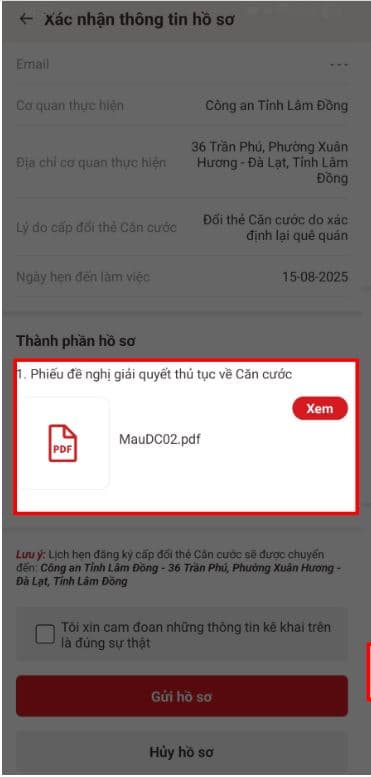 Hệ thống sẽ chuyển qua mục xác nhận thông tin hồ sơ, sau khi kiểm tra các thông tin đã chính xác thì nhấn chọn mục Cam đoan