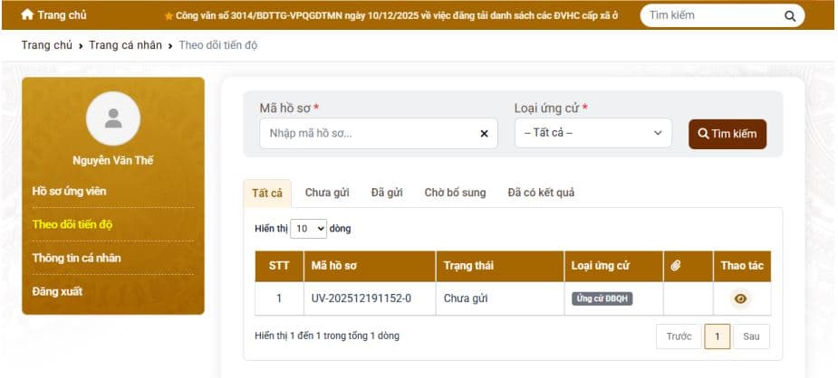 Tại giao diện Theo dõi tiến độ