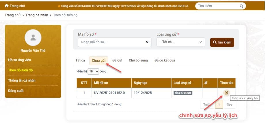 Đối với trạng thái hồ sơ Chưa gửi
