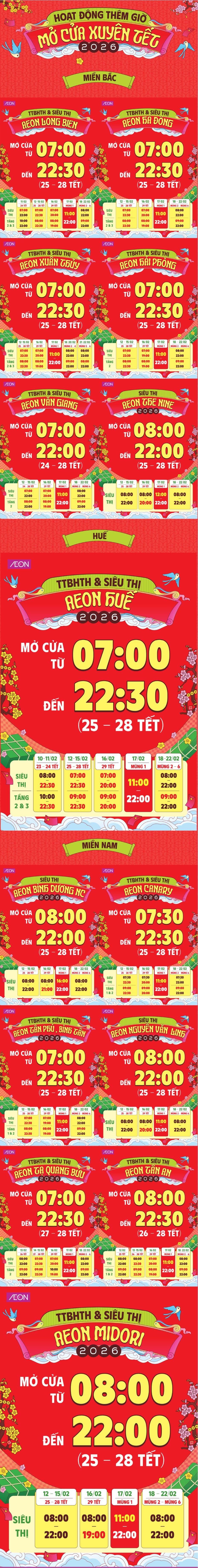 Lịch nghỉ Tết 2026 của hệ thống siêu thị AEON Mall
