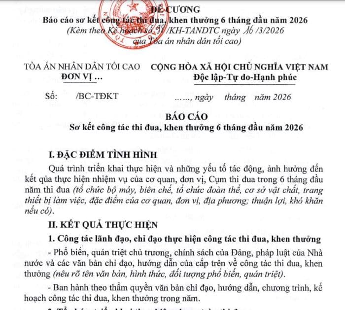 Đề cương Báo cáo sơ kết công tác thi đua khen thưởng 6 tháng đầu năm 2026