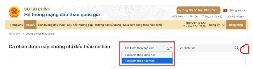 Tìm kiếm theo khóa học hoặc Tìm kiếm cá nhân được cấp chứng chỉ