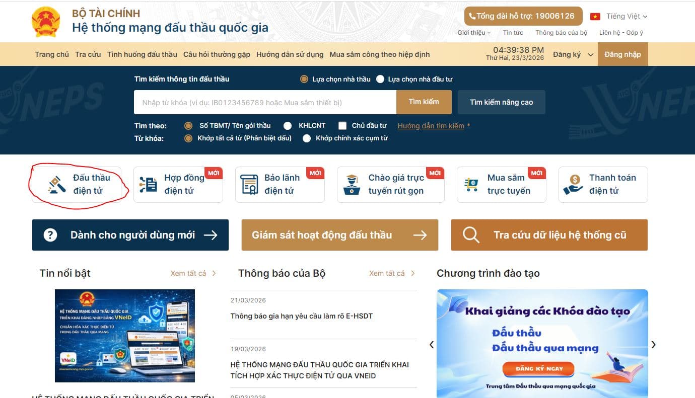 Truy cập vào Hệ thống mạng đấu thầu quốc gia