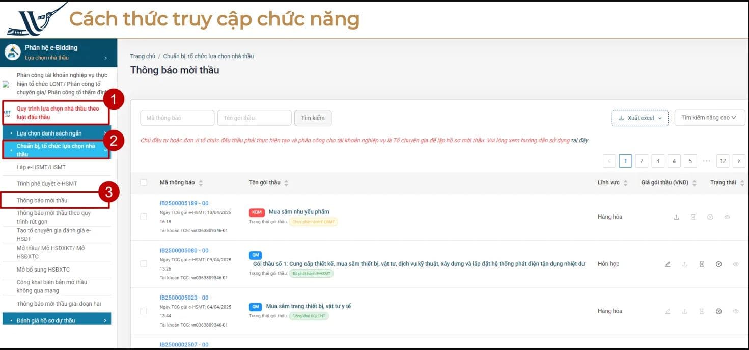Tại màn hình phân hệ đấu thầu điện tử
