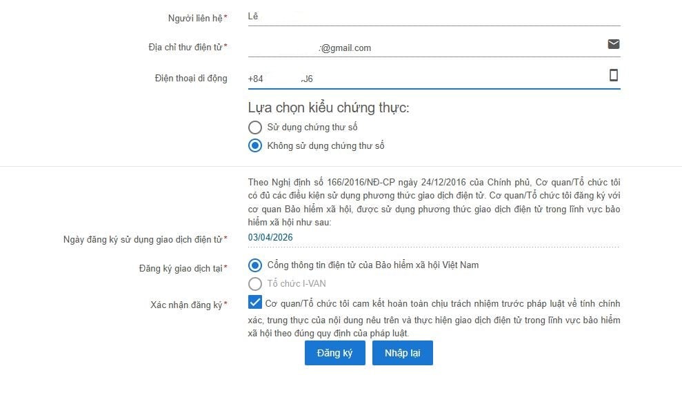 Tích vào ô không sử dụng chứng thư số