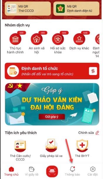 Tại màn hình trang chủ tài khoản định danh điện tử, nhấn Thông báo