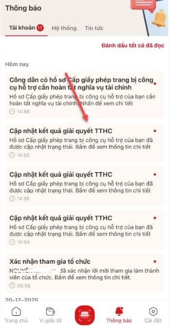 Nhấn vào thông báo “Cập nhật kết quả giải quyết TTHC”