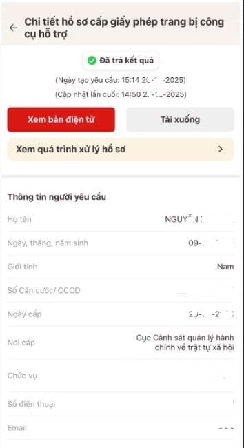 Xem chi tiết hồ sơ cấp giấy phép trang bị công cụ hỗ trợ