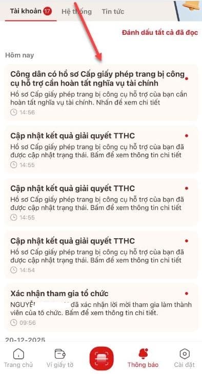 Khi nhận được thông báo cần thanh toán hồ sơ, công dân nhấn vào thông báo để đến hồ sơ cần thanh toán