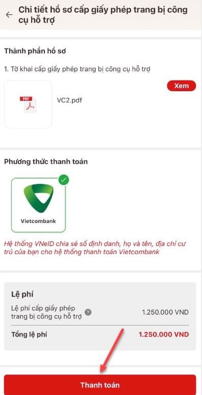 Chọn thanh toán hồ sơ