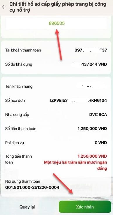 Trường hợp công dân không muốn tiếp tục thanh toán phí hồ sơ cấp giấy phép trang bị công cụ hỗ trợ thì ấn nút Huỷ