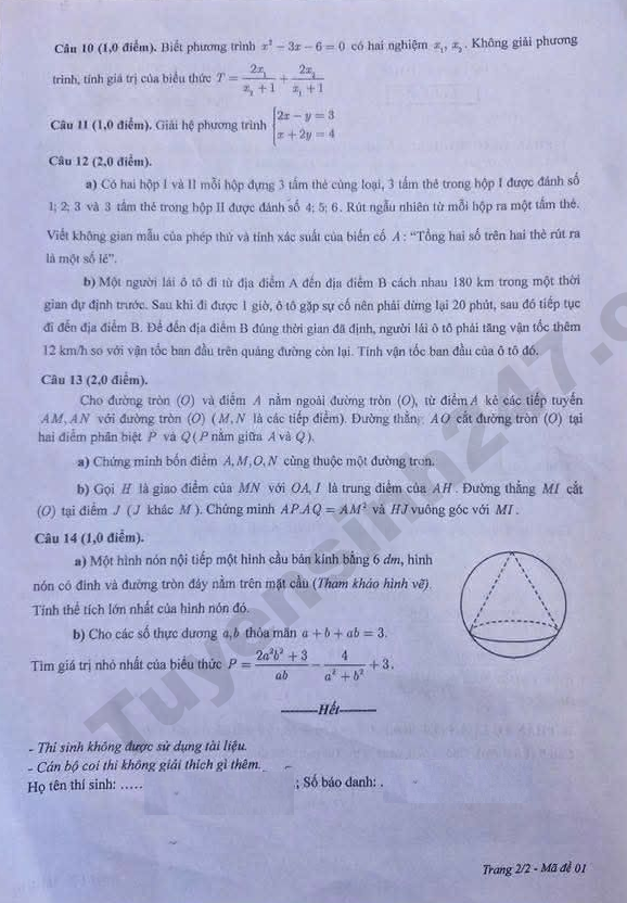 Đề thi tuyển sinh lớp 10 môn Toán Hà Tĩnh
