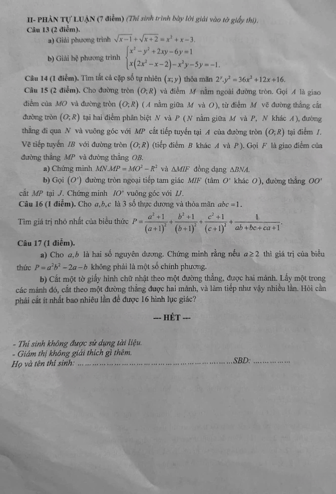 Đề thi vào lớp 10 môn Toán chuyên Hà Tĩnh