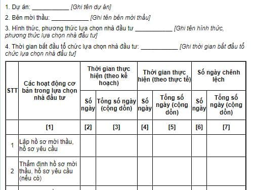 bảng theo dõi tiến độ thực hiện các hoạt động lựa chọn nhà đầu tư