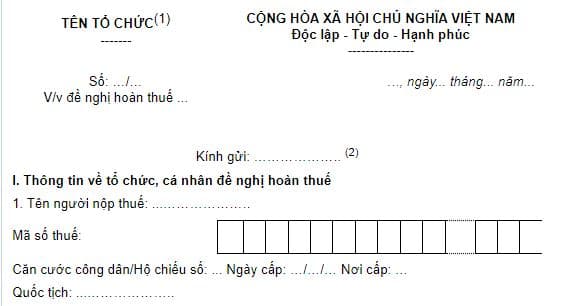 Mẫu số 14 Công văn đề nghị hoàn thuế xuất nhập khẩu