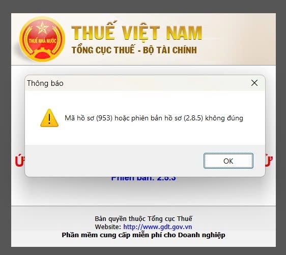 Mã hồ sơ (953) hoặc phiên bản hồ sơ 2.8.5 không đúng
