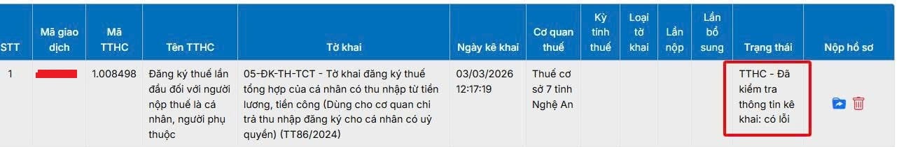 TTHC - Đã kiểm tra thông tin kê khai: có lỗi
