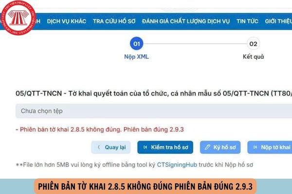 Phiên bản tờ khai 2.8.5 không đúng Phiên bản đúng 2.9.3